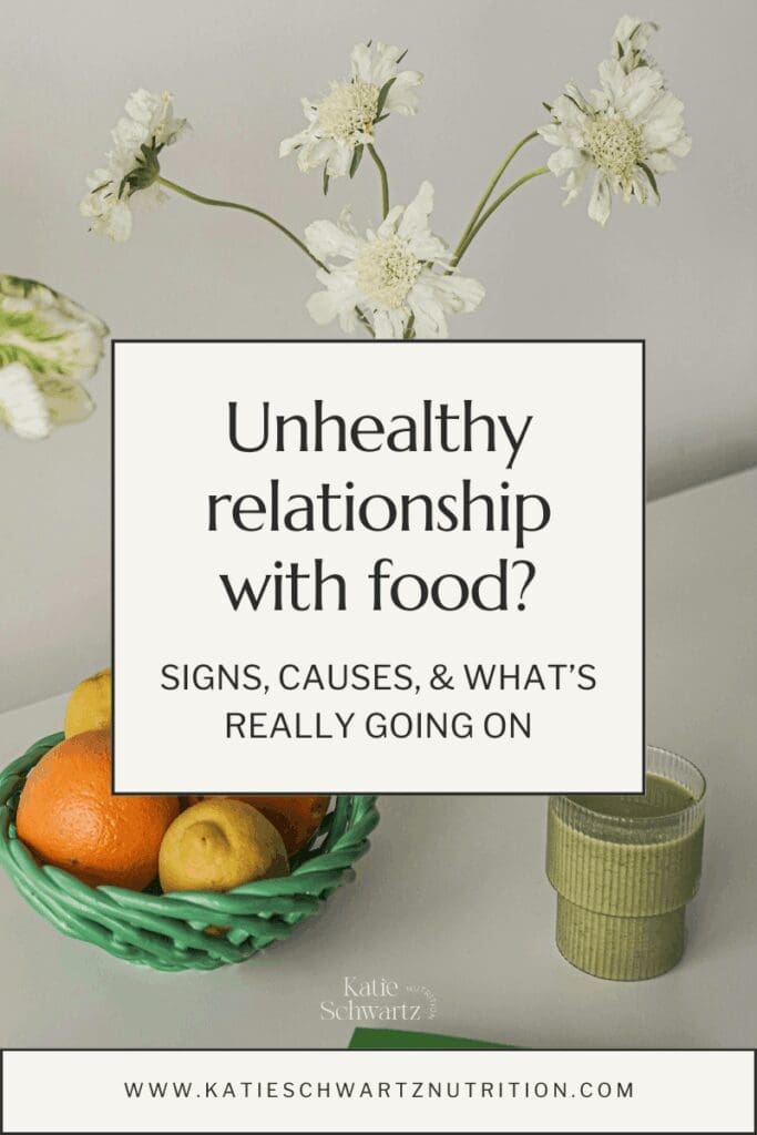 Unhealthy relationship with food graphic showing bread, fruit, and coffee on a table with text reading signs, causes, and what’s going on