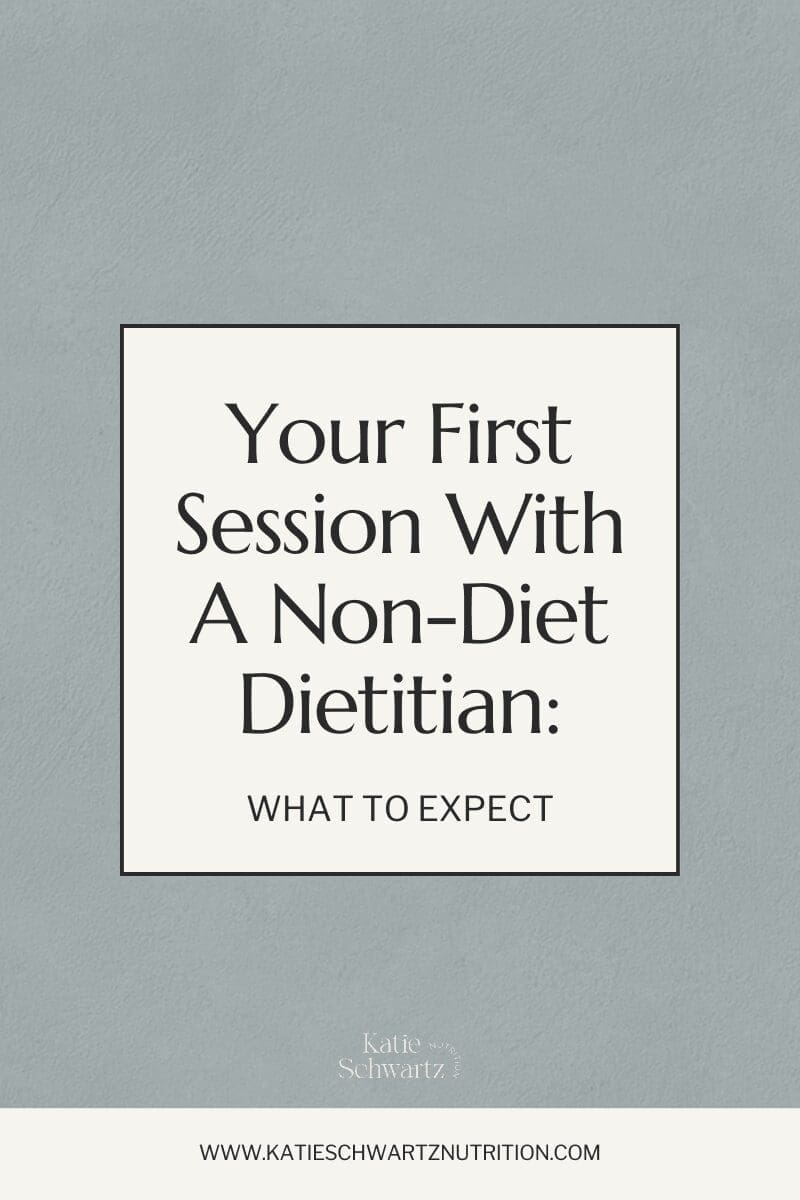 Title graphic reading ‘Your First Session with a Non-Diet Dietitian: What to Expect’ on a soft textured blue-gray background from Katie Schwartz Nutrition